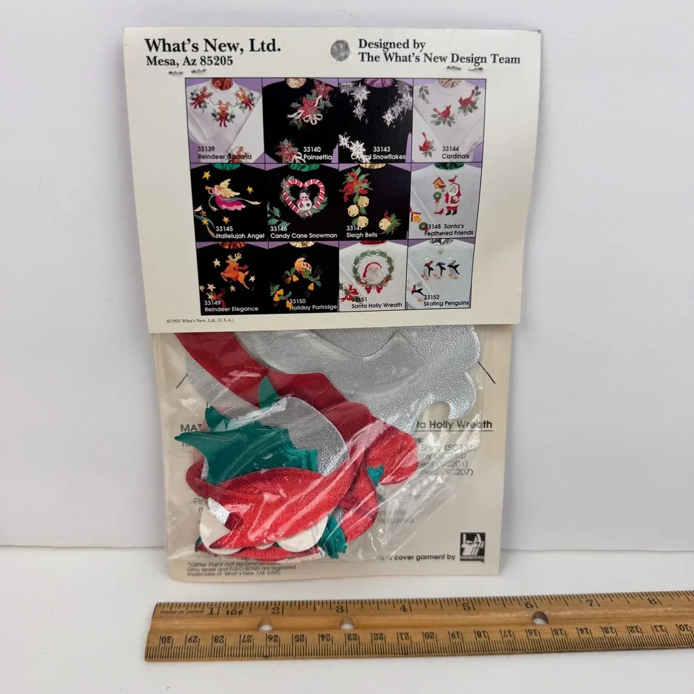Vintage 1995 What's New Holiday Glitzy Shirts Santa Holly Wreath Applique 33151